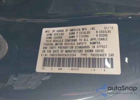 2012 Honda Accord 3.5 Ex-L z USA, uszkodzony, nr VIN 1HGCS2B80CA003504